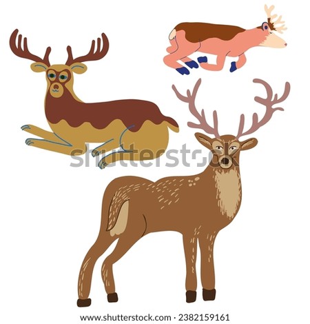 deer in different poses in vector. wild animal in flat style. Template for poster logo icon for app website. Series of animal images in flat style