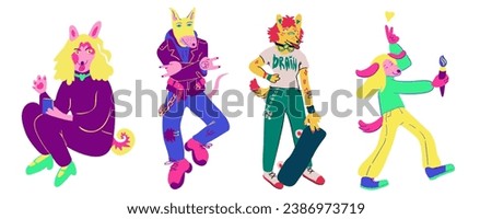 set of humans as dogs in vector.Template for postcard sticker logo poster for app website. A series of furry dogs in flat style