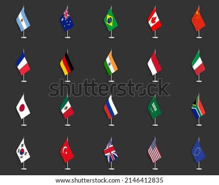 Set of G20 table flag on dark grey background. Collection of G20 desk flag on barely dark background.