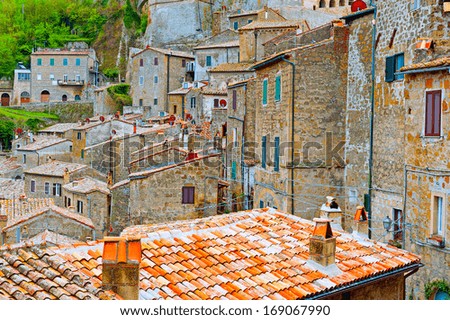 Bird\'s Eye View on the Roofs of the City of Sorano, Italy