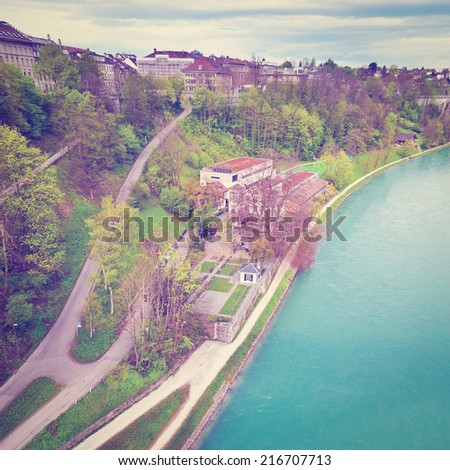 Bird\'s Eye View on the Roofs of the City of Berne and River Aare, Instagram Effect