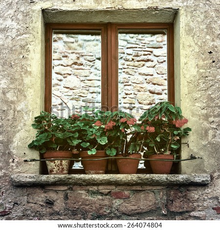 Italian Window  Decorated With Fresh Flowers, Vintage Style Toned Picture