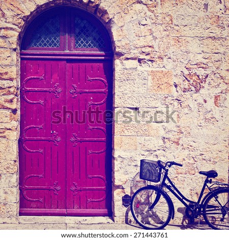 Bike near the Solid Wooden Door in the French City, Instagram Effect