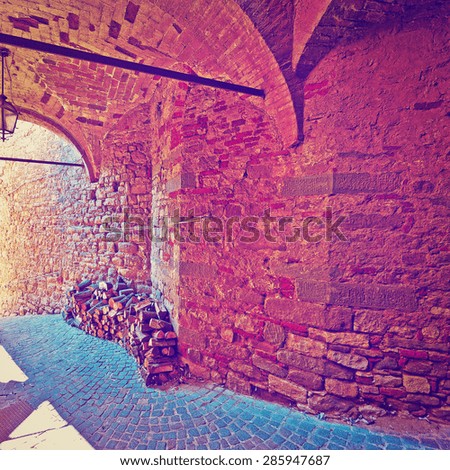 Vaulted Ceiling of the Old Street in a Italian  Medieval City, Instagram Effect