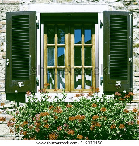 Italian Window with Open Wooden Shutters, Decorated With Fresh Flowers, Vintage Style Toned Picture
