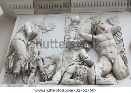 BERLIN, GERMANY - MARCH 06, 2013: Detail of the frieze of the Pergamon Altar in the Pergamon Museum. Altar was built in the 2nd century in the ancient Greek city of Pergamon in Asia Minor