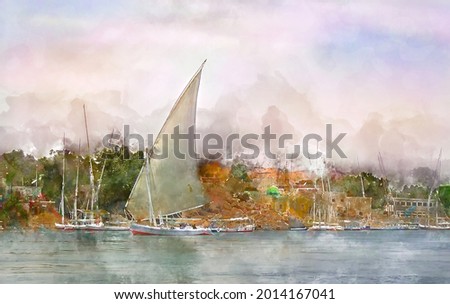 Digital watercolor painting of beautiful landscape image view of Felucca Sailing om the Nile River in Aswan, Egypt.