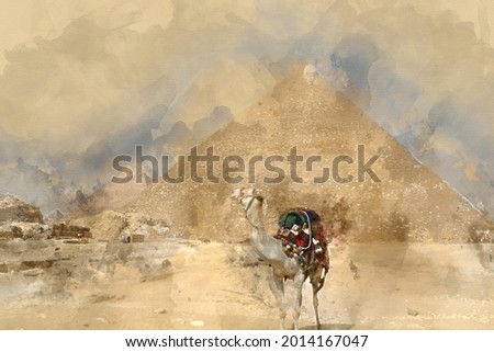 Digital watercolor painting of beautiful landscape image view of Famous Egyptian pyramids of Giza and camel in foreground.
