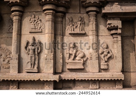 Ancient basreliefs  with images of gods in the temple, Hampi, Karnataka state, India