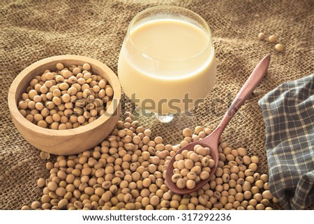 Soy beans and soy milk on table