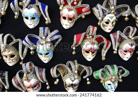 Venice, Italy - April 2008: Exhibition of  traditional carnival masks in a craft store