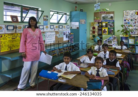 Durban, South Africa - March 10 2010: A classroom with teacher of  the Everest indian primary school in the Shalcross quarter