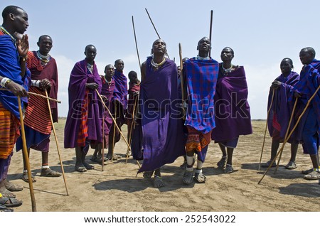 Ngorongoro, Tanzania - September 1 2008: A group of young Masai starting a traditional dance in front of their village