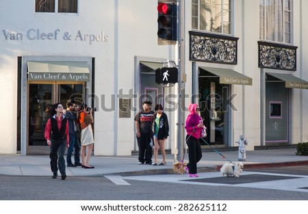 Los Angeles, U.S.A. - June 2 2011: A woman with a dog and other people in Rodeo Drive