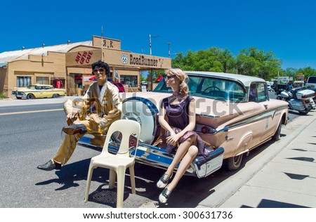 Seligman, U.S.A. - May 25 2011: Arizona, dummies on and old car on the Route 66