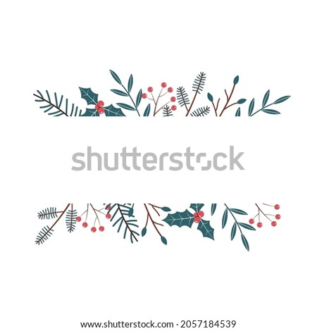 Horizontal border border with winter plants with space for text. Vector element in aesthetic style. Fir branches, berries and leaves on a white background.