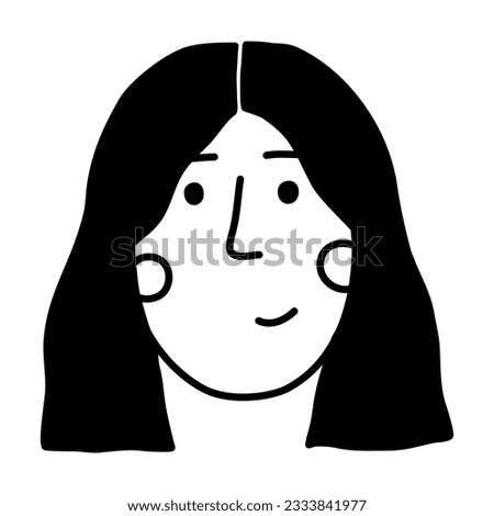Cute young female head with neutral emotions. Simple vector illustration in line doodle style perfect for sticker or emoji