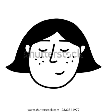 Cute young female face with freckles. Simple vector illustration in line doodle style perfect for sticker or emoji