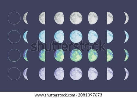 moon phases. illustrations in different styles of all lunar phases. eps 10