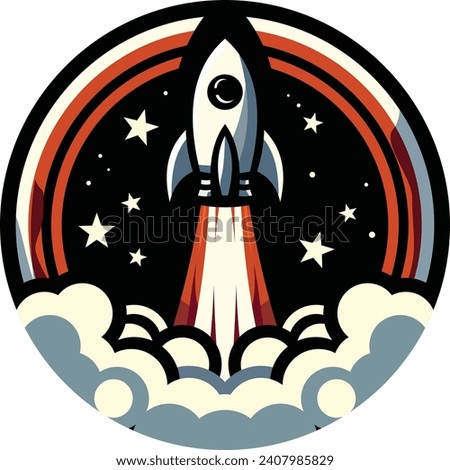 illustration of a rocket logo in a circle taking off, emitting thick smoke beneath it, with lots of stars in the background