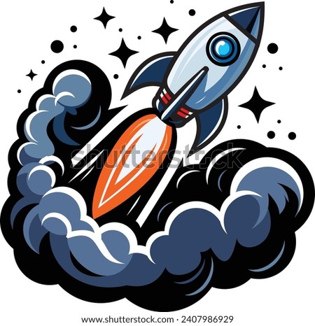 illustration of a rocket logo taking off, emitting thick smoke beneath it, with lots of stars in the background