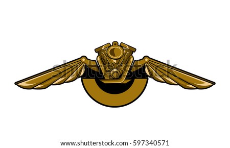 Golden logo, engines, motorbikes and wings.