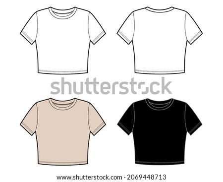 Woman t shirt in vector graphic.
Slim fit crop t shirt with short sleeves and crew neck. Fashion isolated illustration template.Scheme front and back views.