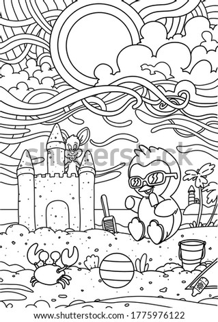 
Pingy Penguin on the  sunny beach playing with friends. Drawing on white background.
Great for coloring books, gift cards and other prints.