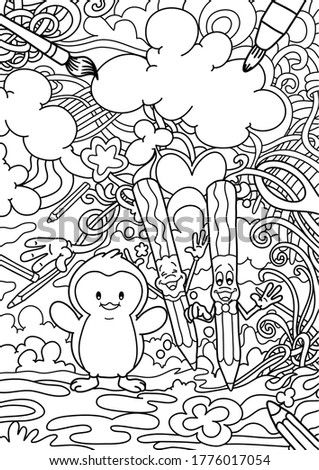 Pingy Penguin and his pencil friends.  Drawing on white background.
Great for coloring books, gift cards and other prints.