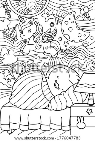 Pingy Penguin is sleeping and dreaming.  Drawing on white background.
Great for coloring books, gift cards and other prints.