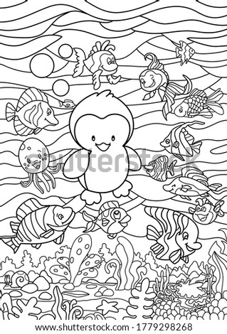 Pingy Penguin meets fish friends in underwater paradise with coral, seagrass, sea star and with the sea snail.  
Great for coloring books, gift cards and other prints.