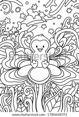 Happy Pingy Penguin is sitting on the flower. Cheerful picture with coloring pencils, leaves, stars and clouds. Great for coloring books, gift cards and other prints.
