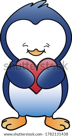 Little cute Pingy Penguin is standing and holding a heart. Vector illustration.