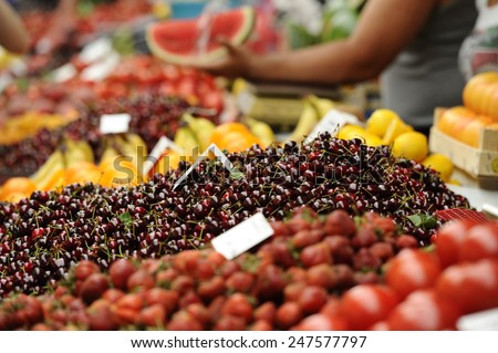 Various multicolored fruits and vegetables on the farmers market
