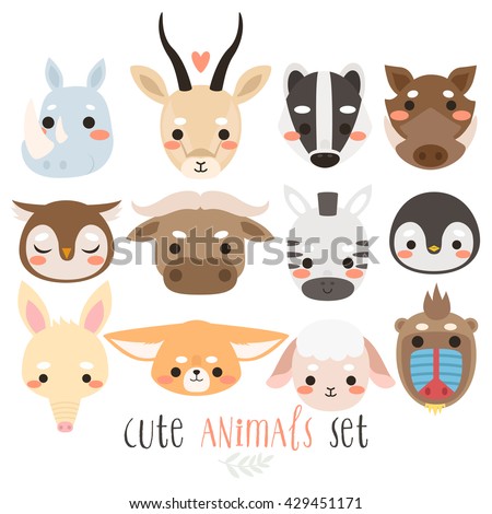 big set of animals on white background. cute zebra, sheep, badger, penguin, fennec fox, owl, gazelle, african buffalo, warthog, mandrill, aardvark, rhino. Can be used like sticker or for cards 