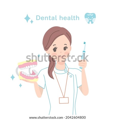 Dental assistant teaching toothpaste Upper body illustration Stockfoto © 