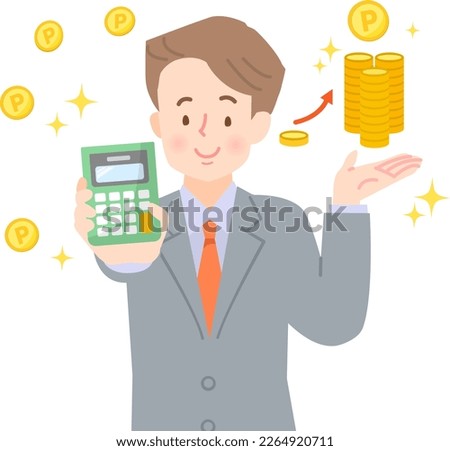 Image illustration of a man calculating poi katsu with a calculator