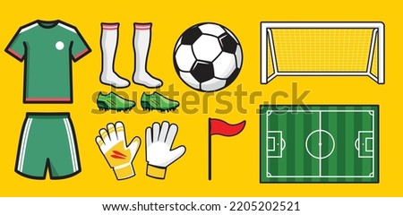 FOOTBALL SOCCER SET ITEMS. Soccer icon pack. VARIOUS SOCCER ITEMS,  BALL, JERSEY, SHORTS, GLOVES, GOAL, SHOES, SOCKS, FIELD