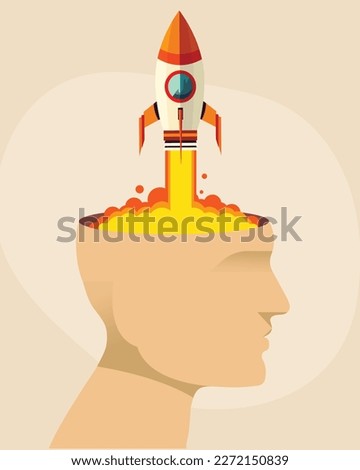 space rocket coming out of the silhouette of a human head, brilliant idea concept, business idea, mind-blowing, innovation concept