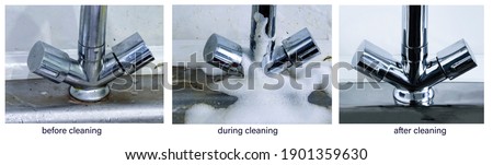 Before cleaning, during, after. The process of cleaning a dirty faucet before and after. An example of successful operation of cleaning chemicals, advertising of cleaning products.
