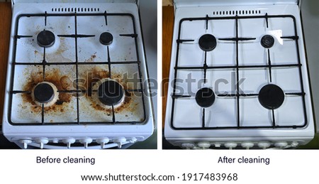 Before and after cleaning. The result of cleaning a very dirty white metal kitchen gas stove. An example of successful operation of cleaning products,  cleaning company services.
