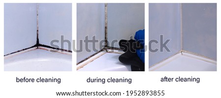 Dirty joints between the tiles in the bathroom. Toxic black mold in the corner of the bathroom before, after, and during cleaning.