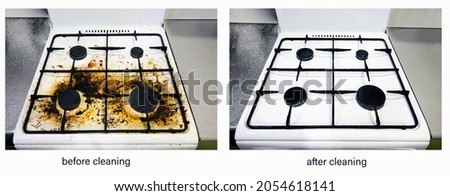 Kitchen white stove before and after cleaning service cleaning. Dirty gas stove stained while cooking, stove in grease. Unsanitary conditions, mess in house. Collage before, after cleaning from dirt.