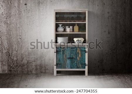 3d rendering of an old wooden cupboard on a dirty room