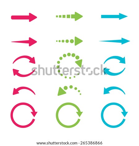 Blue, green and pink arrows set on white background. Vector illustration.