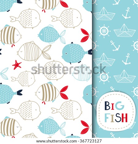 Creative Hand Drawn textures, marine theme design. Set of vector seamless patterns. For birthday, anniversary, party invitations, scrapbooking, T-shirt, cards. Vector illustration. Red, blue and beige