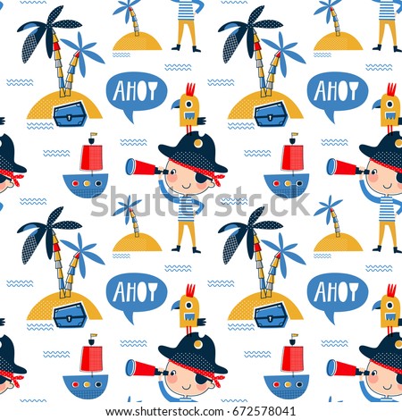 Seamless vector marine pattern with little pirates. For cards, t-shirt prints, birthday, party invitations, scrapbook, summer holidays. Vector illustration in red, yellow and blue colors.