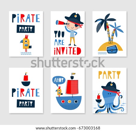 Set of cute creative card templates with pirate theme design. Hand Drawn card for birthday, party invitations, scrapbook, summer holidays. Vector illustration in yellow, red and blue colors.