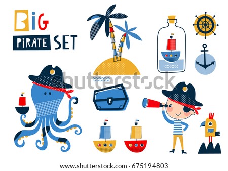 Big pirate set: cute templates for birthday, anniversary, party invitations, summer holidays. Hand drawn vector illustration in red, yellow and blue colors