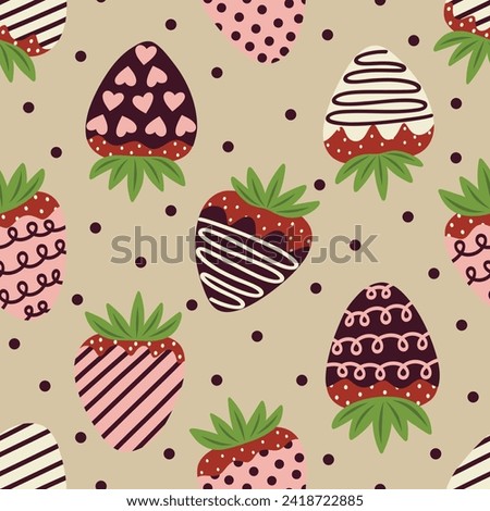 Valentine's Day Chocolate Covered Strawberries on Ecru Beige Seamless Pattern Design